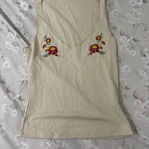 Floral Embroidered Cream Tank Top